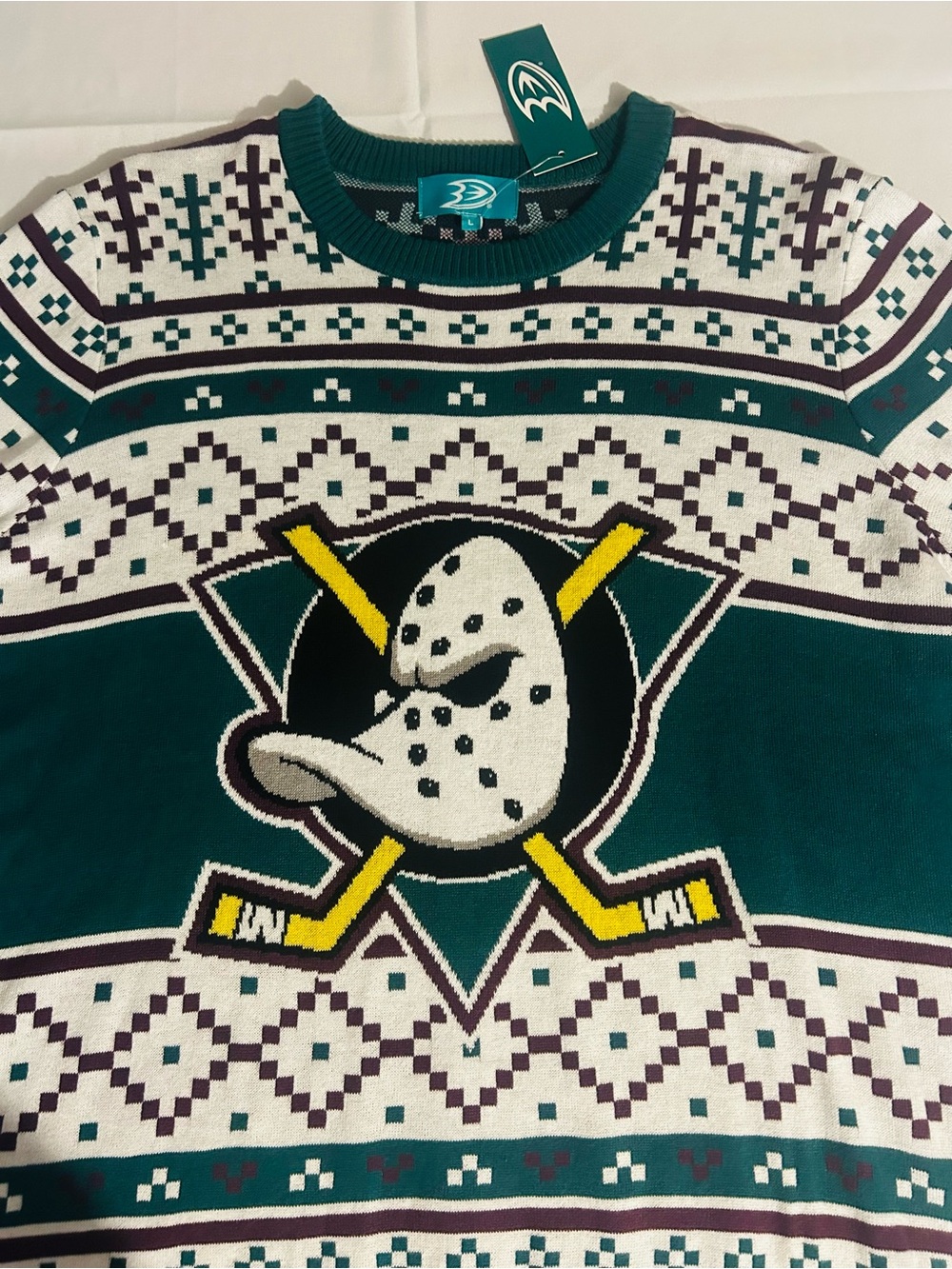 Anaheim Ducks 30th Anniversary NHL Christmas Sweater Green White Purple Size L